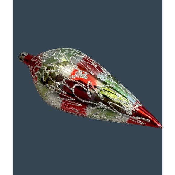 Vintage Teardrop Christmas Ornament 6" Blown Glass Red/Green/Silver Glitter - Picture 1 of 6